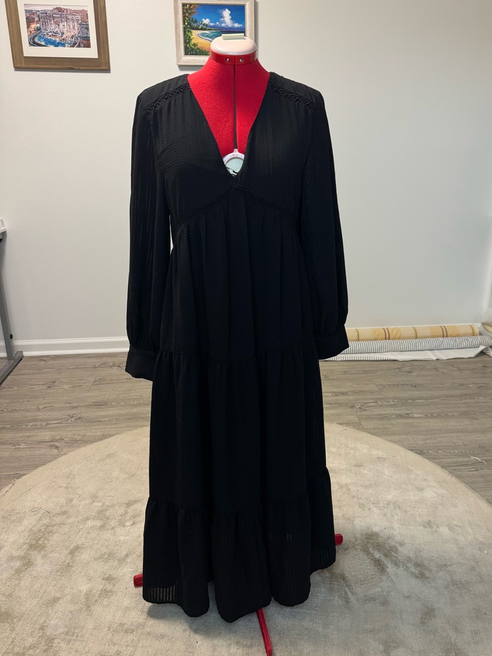 Zara Women's Black Long Sleeve V-Neck Tiered Maxi Dress - x-small